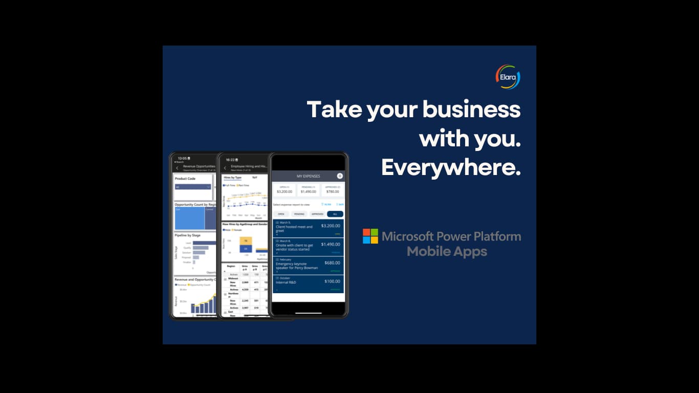 Phones displaying Power Platform mobile applications.